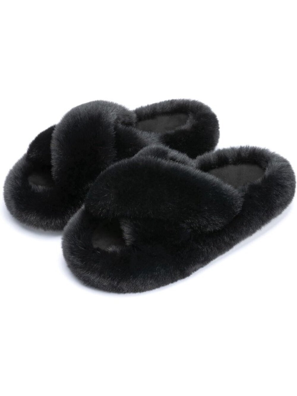 Women's Black Cross Breathable Foam Faux Fur Lined Open Toe Soft Slipper Shoes